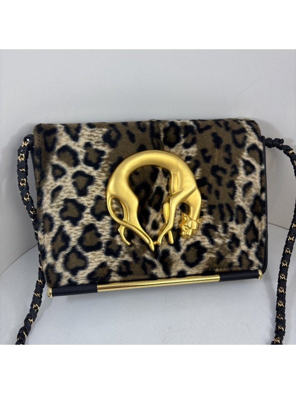 VTG 1990s Nima Glam Crossbody Gold & Black Panther Animal Purse braided strap
